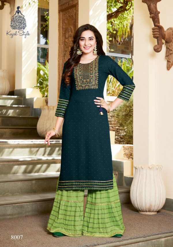 Kajal Style Present Fashion Label Vol 8 Heavy Rayon Kurti With Flair  Palazzo Catalog Wholesaler