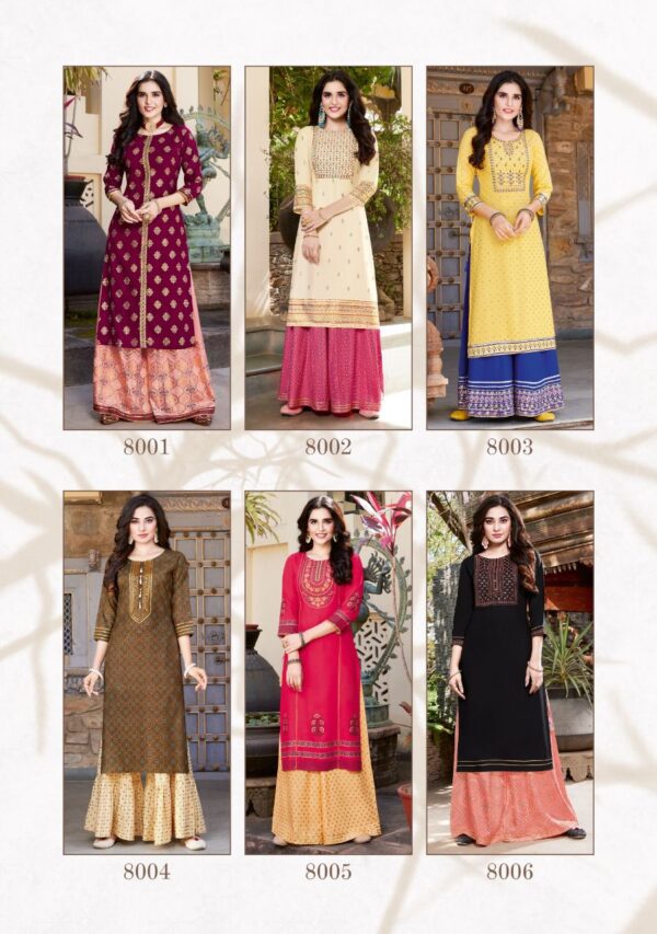 Kajal Style Present Fashion Label Vol 8 Heavy Rayon Kurti With Flair  Palazzo Catalog Wholesaler