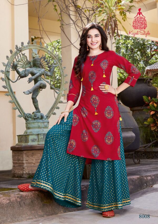 Kajal Style Present Fashion Label Vol 8 Heavy Rayon Kurti With Flair  Palazzo Catalog Wholesaler