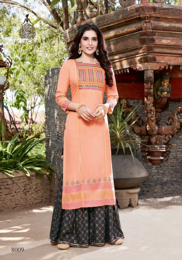 Kajal Style Present Fashion Label Vol 8 Heavy Rayon Kurti With Flair  Palazzo Catalog Wholesaler