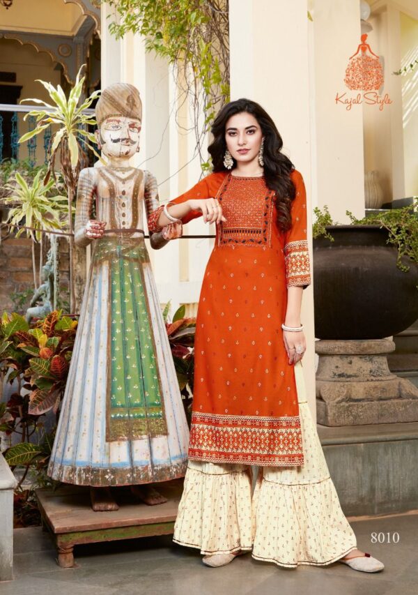 Kajal Style Present Fashion Label Vol 8 Heavy Rayon Kurti With Flair  Palazzo Catalog Wholesaler
