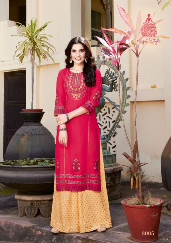 Kajal Style Present Fashion Label Vol 8 Heavy Rayon Kurti With Flair  Palazzo Catalog Wholesaler