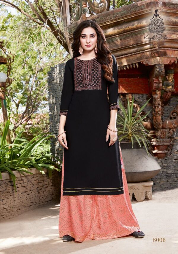 Kajal Style Present Fashion Label Vol 8 Heavy Rayon Kurti With Flair  Palazzo Catalog Wholesaler
