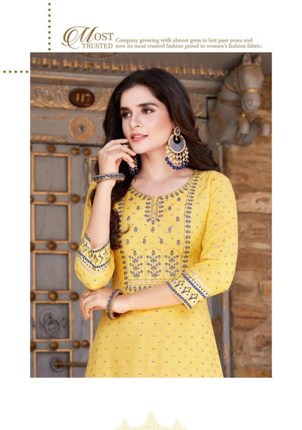 Kajal Style Present Fashion Label Vol 8 Heavy Rayon Kurti With Flair  Palazzo Catalog Wholesaler