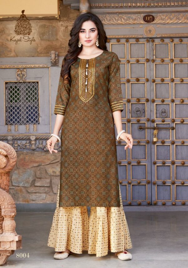 Kajal Style Present Fashion Label Vol 8 Heavy Rayon Kurti With Flair  Palazzo Catalog Wholesaler