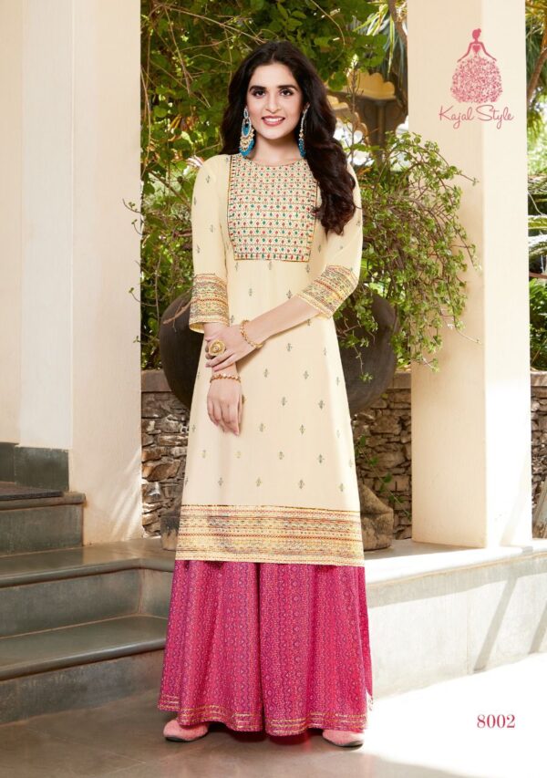 Kajal Style Present Fashion Label Vol 8 Heavy Rayon Kurti With Flair  Palazzo Catalog Wholesaler