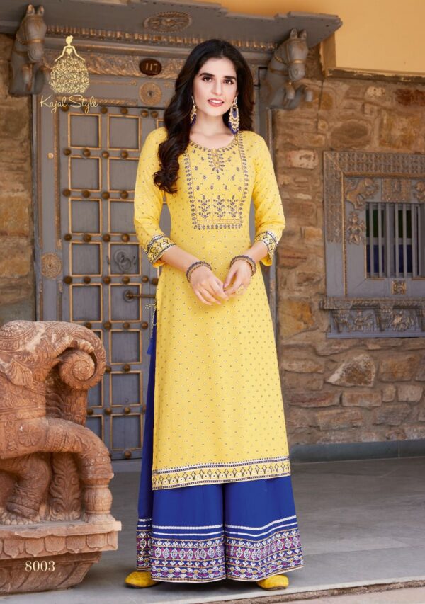Kajal Style Present Fashion Label Vol 8 Heavy Rayon Kurti With Flair  Palazzo Catalog Wholesaler