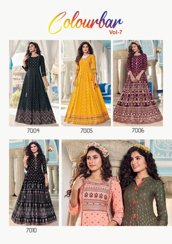 Kajal Style Fashion Colorbar Vol 7 Designer Gown Style Rayon Embroidery Work Kurtis Catalog Wholesaler