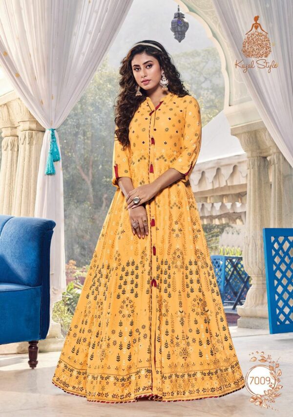 Kajal Style Fashion Colorbar Vol 7 Designer Gown Style Rayon Embroidery Work Kurtis Catalog Wholesaler