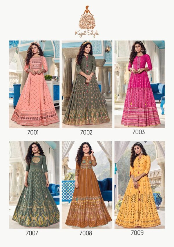 Kajal Style Fashion Colorbar Vol 7 Designer Gown Style Rayon Embroidery Work Kurtis Catalog Wholesaler