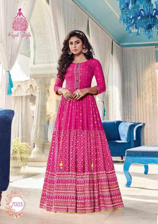 Kajal Style Fashion Colorbar Vol 7 Designer Gown Style Rayon Embroidery Work Kurtis Catalog Wholesaler