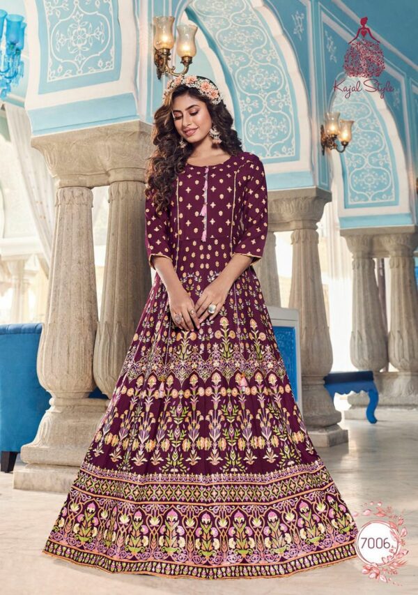 Kajal Style Fashion Colorbar Vol 7 Designer Gown Style Rayon Embroidery Work Kurtis Catalog Wholesaler