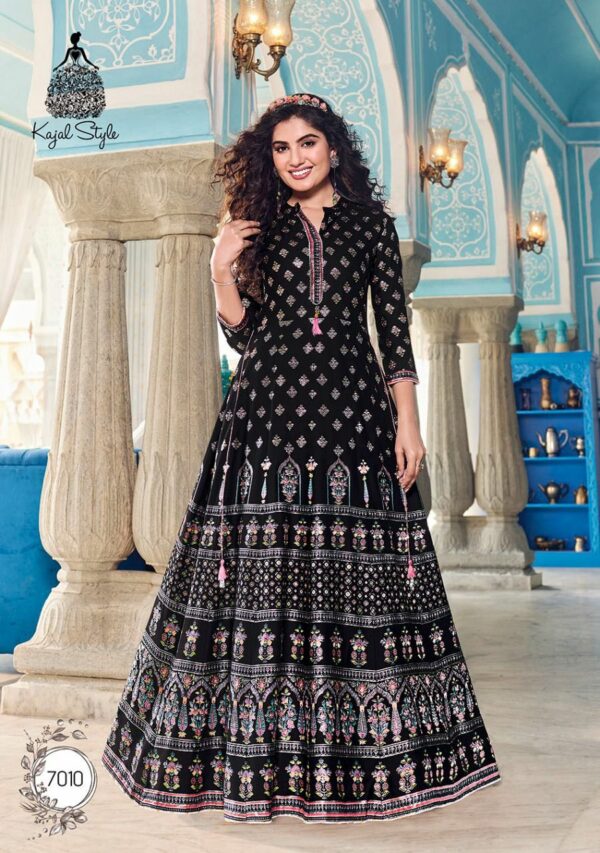 Kajal Style Fashion Colorbar Vol 7 Designer Gown Style Rayon Embroidery Work Kurtis Catalog Wholesaler
