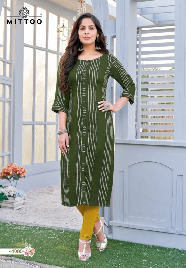 Mittoo Present Mohini Vol 11 Rayon Weaving Stripe Fancy Kurtis With Bottom Catalog Wholesaler Surat