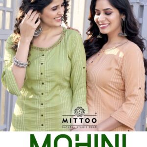 Mittoo Present Mohini Vol 11 Rayon Weaving Stripe Fancy Kurtis With Bottom Catalog Wholesaler Surat