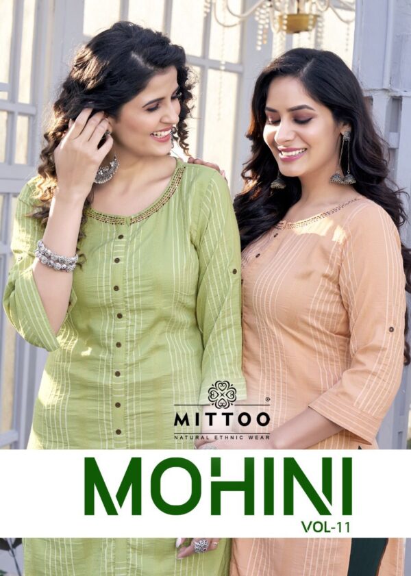 Mittoo Present Mohini Vol 11 Rayon Weaving Stripe Fancy Kurtis With Bottom Catalog Wholesaler Surat