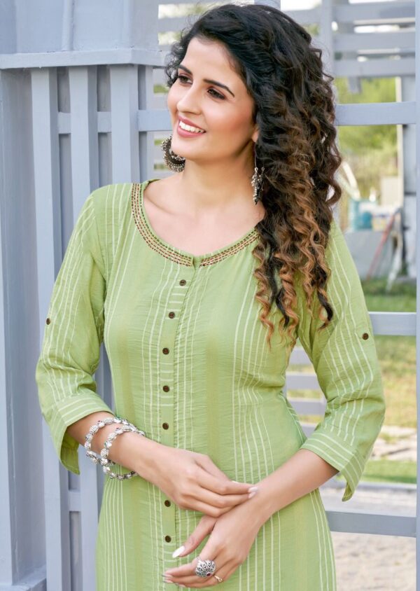 Mittoo Present Mohini Vol 11 Rayon Weaving Stripe Fancy Kurtis With Bottom Catalog Wholesaler Surat