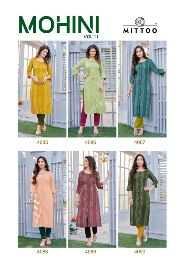Mittoo Present Mohini Vol 11 Rayon Weaving Stripe Fancy Kurtis With Bottom Catalog Wholesaler Surat
