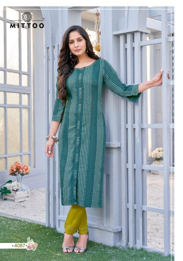 Mittoo Present Mohini Vol 11 Rayon Weaving Stripe Fancy Kurtis With Bottom Catalog Wholesaler Surat