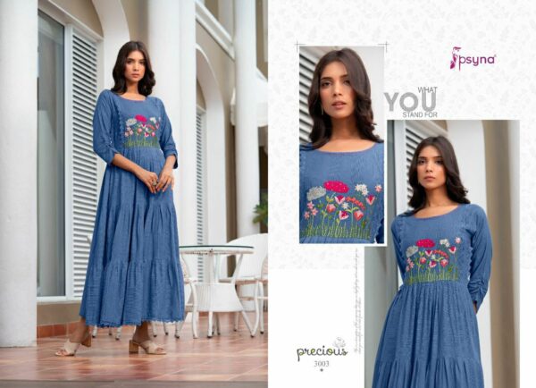 Psyna Present Precious Vol 3 Fancy Long Muslin Rayon And Cotton Kurtis Catalogue Wholesaler