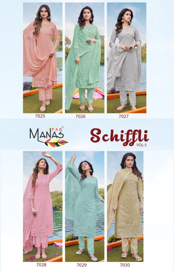 Manas Fab Schiffli Vol-5 Designer Geroegette Readymade Salwar Kameez