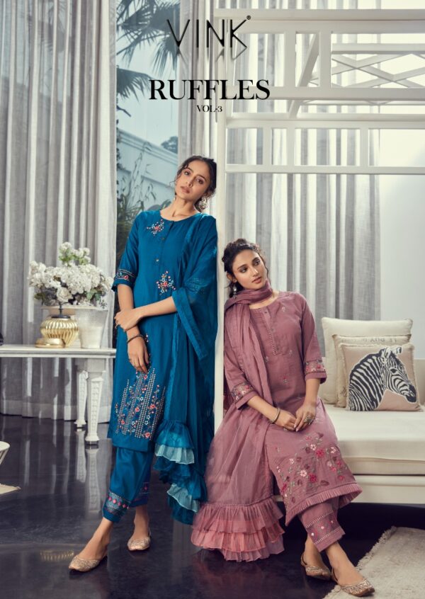 VINK RUFFLES VOL 3 KURTI PANT WITH DUPATTA SUPPLIER SURAT