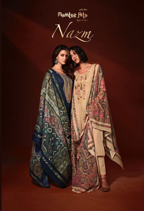 MUMTAZ ARTS NAZM VISCOSE JAM SATIN EMBROIDERY SUITS