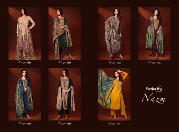 MUMTAZ ARTS NAZM VISCOSE JAM SATIN EMBROIDERY SUITS