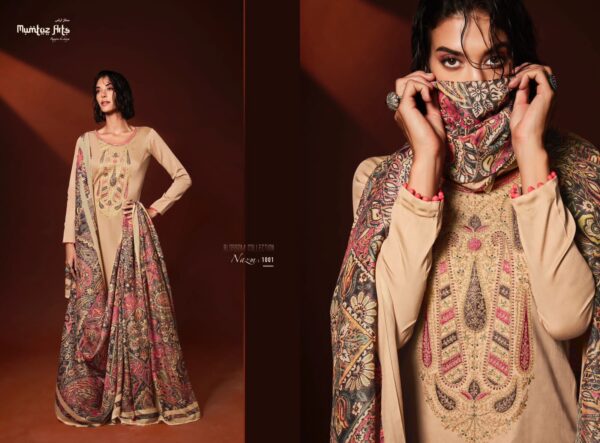 MUMTAZ ARTS NAZM VISCOSE JAM SATIN EMBROIDERY SUITS