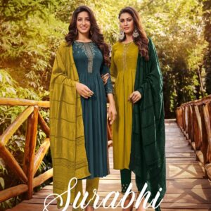 LADIES FLAVOUR SURABHI HEAVY RAYON HANDWORK KURTIS WITH BOTTOM AND DUPATTA