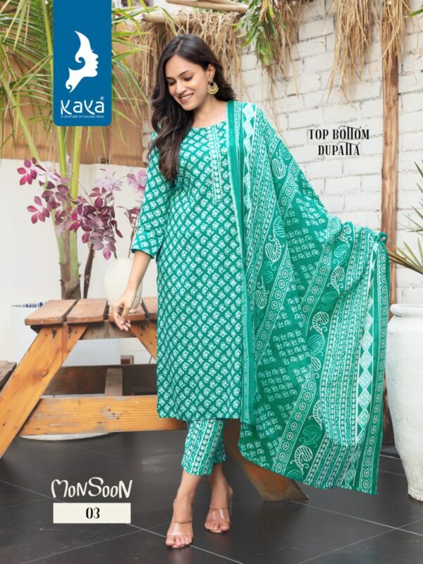 KAYA MONSOON RAYON PRINT KURTI WITH BOTTOM AND DUPATTA WHOLESALER